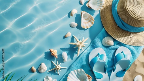 Summer vacations flat lay with beach accessories Slippers sunscreen seashells over beach towel background Travel tourism concept Top view : Generative AI