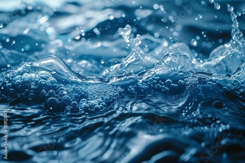 A dynamic and detailed close-up of sparkling water with ripples and a multitude of small bubbles