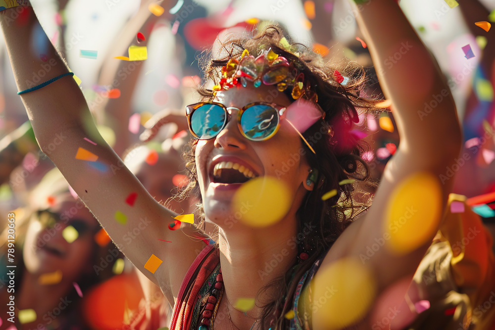 close up horizontal image of a young girl having fun at a music festival dancing in a crowd