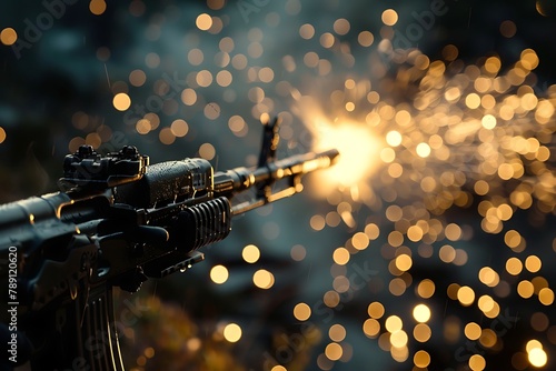 : A machine gun firing in slow motion, with the tracer rounds leaving trails of light photo