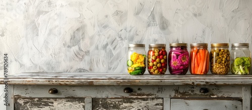 Colorful vegetables pickled or fermented during the autumn season displayed in a row of jars on a vintage kitchen drawer against a white wall background, with space for text.