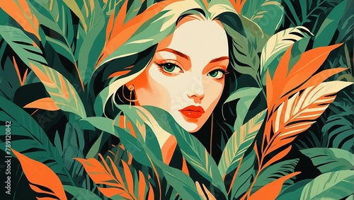 Artistic rendering of a woman s face partially concealed by stylized green leaves  with a nature-inspired  serene essence