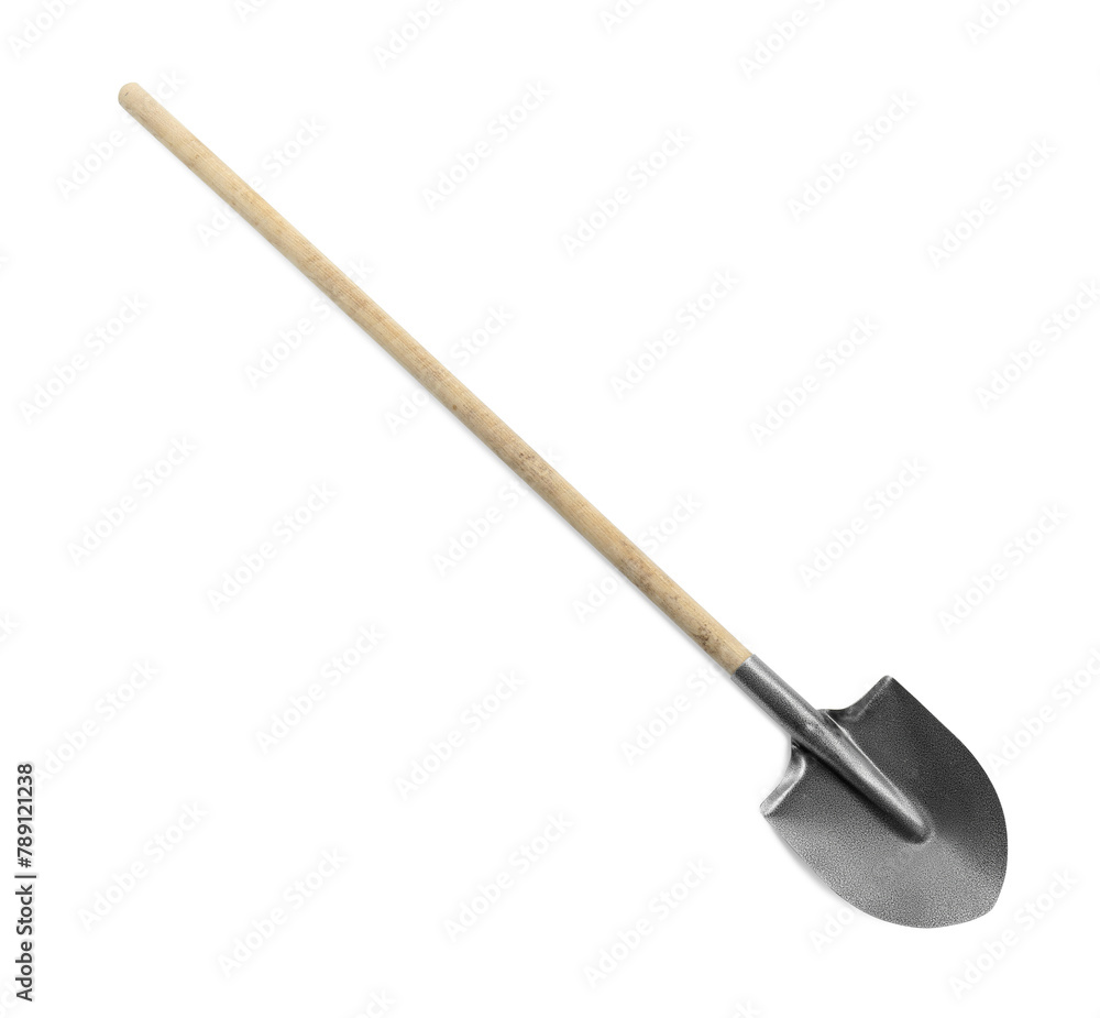 One new shovel with wooden handle isolated on white. Gardening tool One new shovel with wooden handle isolated on white. Gardening tool