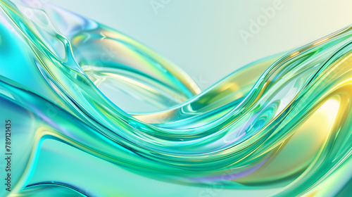 Abstract glass waves with smooth shiny flowing form in turquoise and yellow.