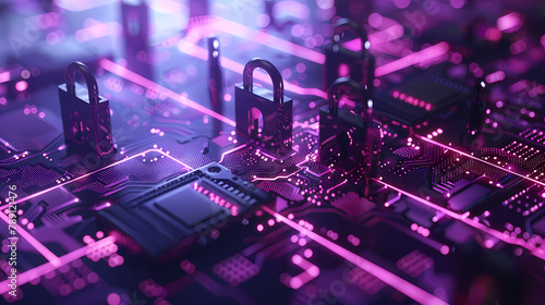 cybersecurity services concept or secure connection of digital privacy closeup and safety lock purple pinkish design - AI Generative