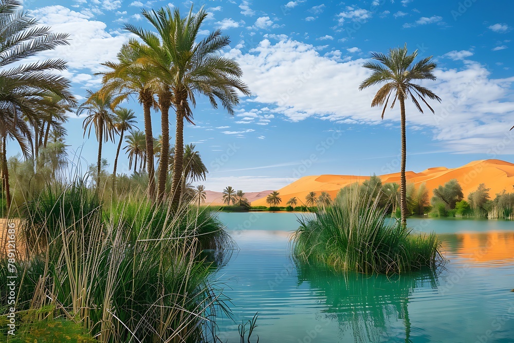 : A lush desert oasis with towering palm trees, crystal-clear water, and golden sand dunes in the background