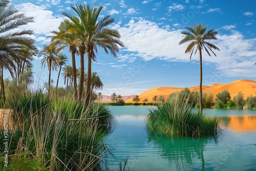   A lush desert oasis with towering palm trees  crystal-clear water  and golden sand dunes in the background