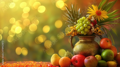 Kerala festival with vishu kani flowers and fruits and vegetables in a vase with shimmering festive copyspace background photo