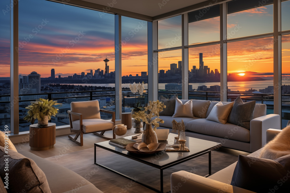Fototapeta premium A spacious modern living room with floor-to-ceiling windows showcasing at sunset. Generative AI tools