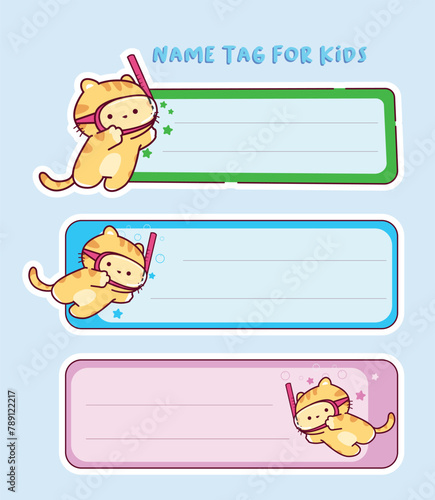 name tag for kids with cute cat is diving