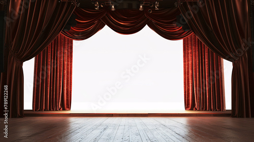 A Classic Theater Setting with Majestic Curtains opened and a white background behind them and Foreground Seats, Awaiting the Spectacle