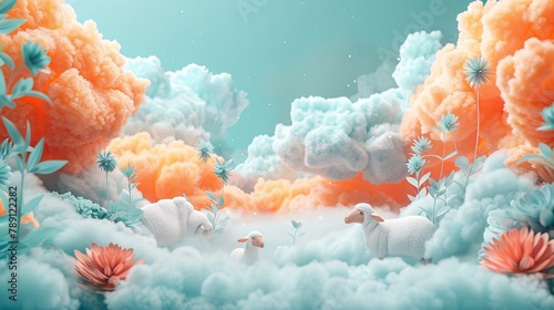 Sheep and plant under soft light clouds, dark teal and light orange hues, 3D, with text space.