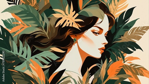 The illustration depicts an elegant woman blending seamlessly with an intricate backdrop of tropical leaves