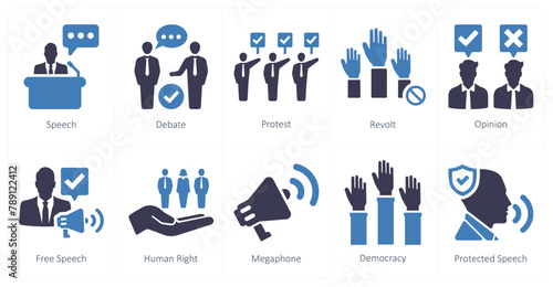 A set of 10 freedom of speech icons as speech, debate, protest