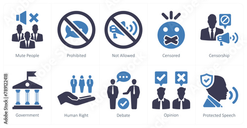 A set of 10 freedom of speech icons as mute people, prohibited, not allowed