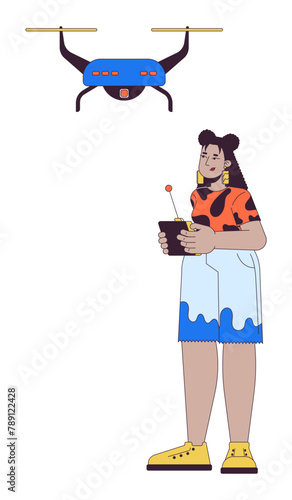 Latina woman controlling uav drone 2D linear cartoon character. Hispanic female with remote controller isolated line vector person white background. Recreational flying color flat spot illustration