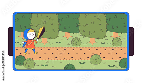 Arcade adventure game on phone 2D linear cartoon object. Knight boy with sword. Mobile mmorpg isolated line vector element white background. Platform level. Smartphone RPG color flat spot illustration