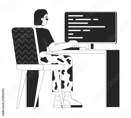 Female web developer at work black and white 2D line cartoon character. Asian woman writing code isolated vector outline person. Software development technology monochromatic flat spot illustration