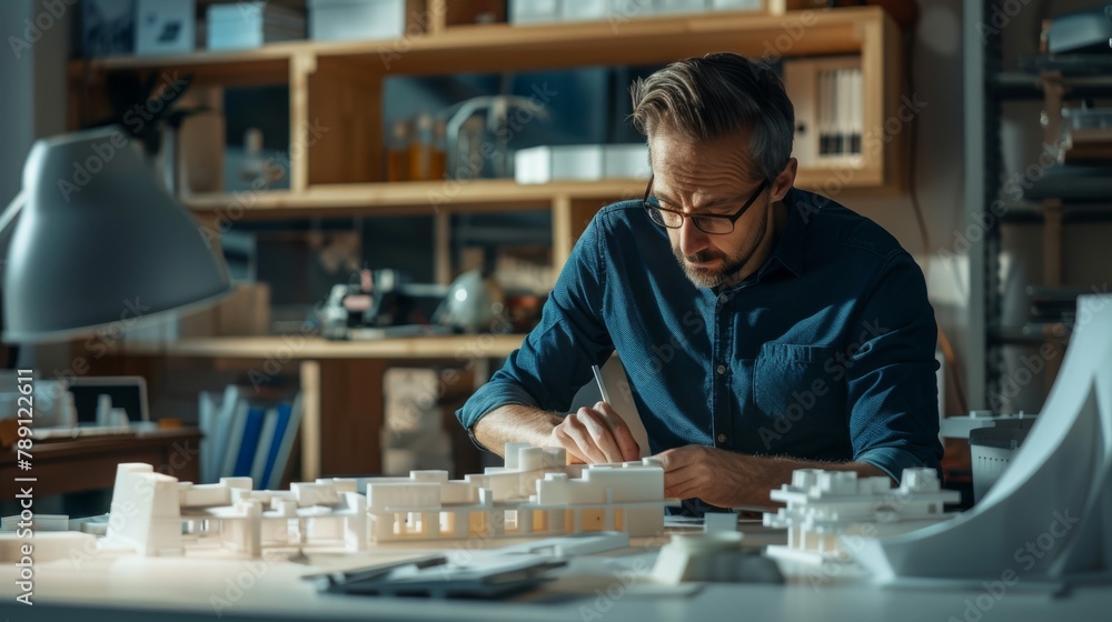 An architect in a sleek, uncluttered studio, creating models with 3D printing technology, styled as futuristic realism.