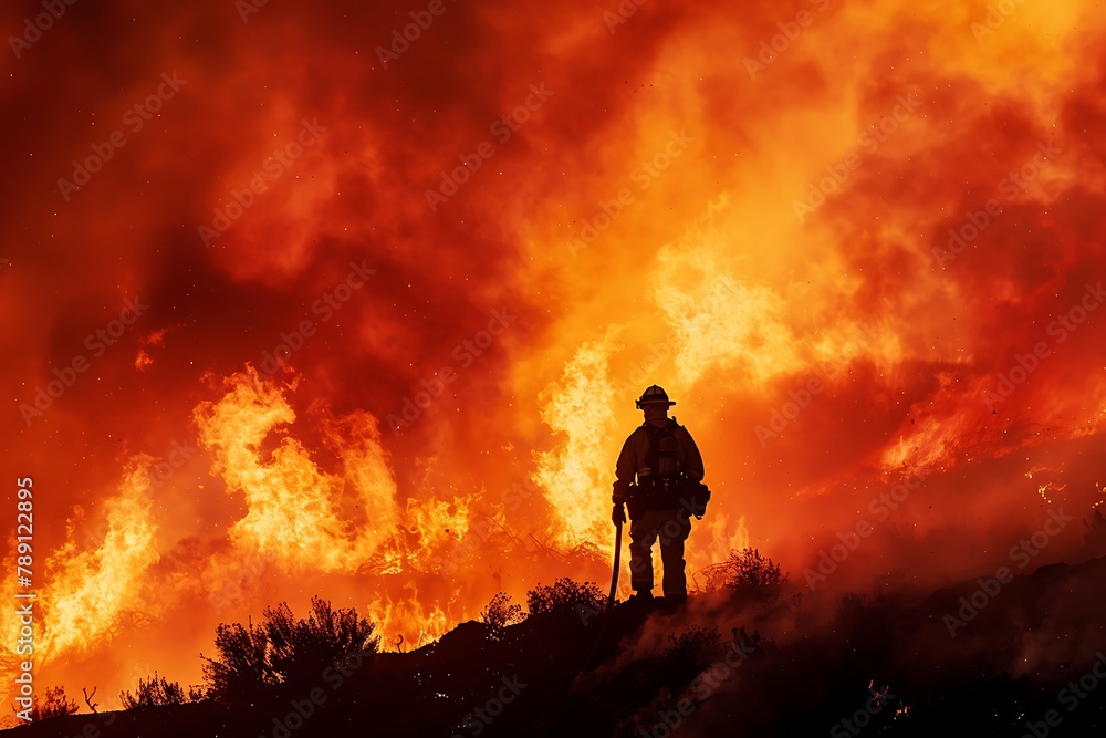: A lone, brave firefighter battling a massive, raging wildfire, standing as a beacon of hope against the inferno