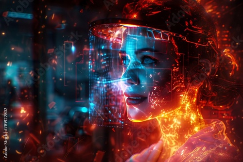 A cyberpunk nurse, her smile offering comfort, appears in a 3D hologram isolated from the chaos of a house on fire, set against a black background, 