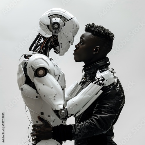 A playful moment captured between a man and a cyborg, set against a white background, highlighting the contrast between human warmth and cold steel, , professional color grading,soft shadowns,  photo