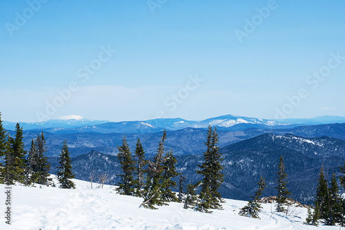 Snow covered wintry mountain landscape.