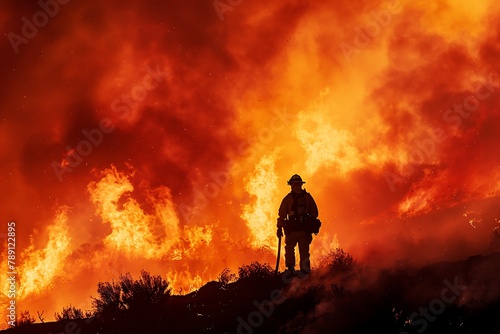 : A lone, brave firefighter battling a massive, raging wildfire, standing as a beacon of hope against the inferno © Ghulam