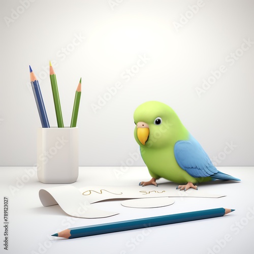 A parrotlet perched on a pencil, attempting to scribble on a piece of paper cartoon, animation 3D flat design photo