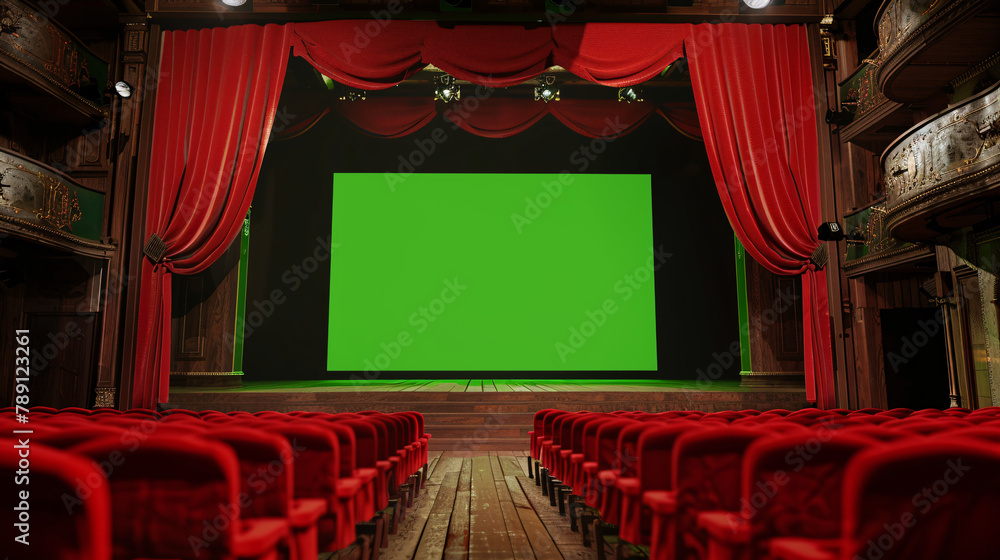 A Classic Theater Setting with Majestic Curtains opened with a green screen behind them and Foreground Seats, Awaiting the Spectacle