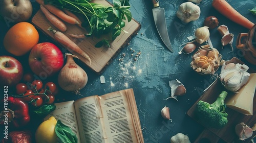Flat lay of healthy cooking ingredients with a vintage book and cutting board : Generative AI