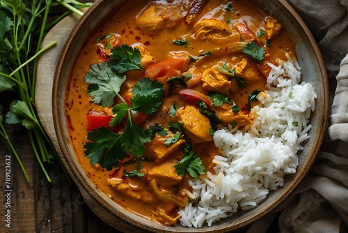 A hearty bowl of chicken curry, simmered in a fragrant blend of spices, coconut milk, and tomatoes, served with steamed jasmine rice.