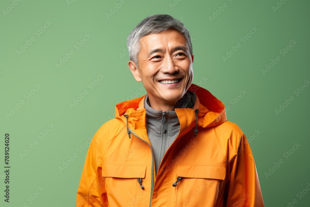 Fototapeta premium Portrait of a satisfied asian man in his 50s wearing a lightweight packable anorak over solid color backdrop