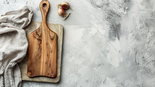 Empty wooden cutting board with napkin on white stone kitchen table top view flat lay Wooden platter copy space : Generative AI