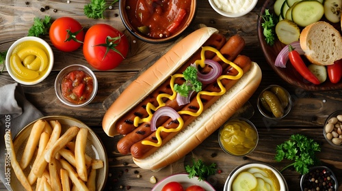 Different tasty ingredients for hot dog on wooden table flat lay : Generative AI