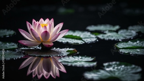 A single lotus flower stands out in dramatic lighting against a dark pond  highlighting the beauty of nature