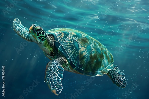 A green turtle swimming peacefully in the blue sea .