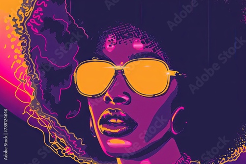 Florida miami car and sun funky town afro girl disco dance illustration retro 70s style