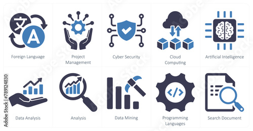 A set of 10 hard skills icons as foreign language, project management, cyber security