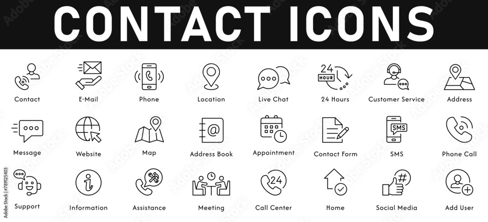Contact Icons vector illustration with thin line editable stroke containing e-mail, phone, location, live chat, 24 hours, customer service, address, message, website, map, appointment, SMS, phone call