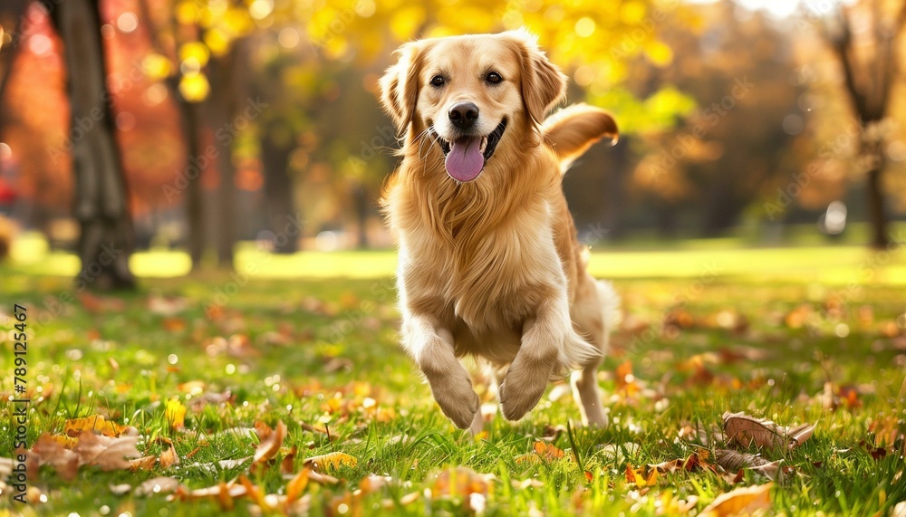 Golden Retriever Joyfully Running in Autumn Park