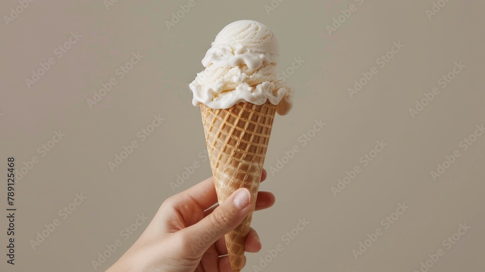 Close-up of a hand elegantly presenting a milk ice cream cone, crisp isolated background enhances the creamy texture, studio lighting Close-up of a hand elegantly presenting a milk ice cream cone, crisp isolated background enhances the creamy texture, studio lighting