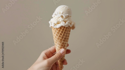 Close-up of a hand elegantly presenting a milk ice cream cone, crisp isolated background enhances the creamy texture, studio lighting
