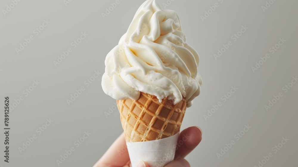 Close-up of a hand holding a cone of homemade ice cream, vibrant colors pop against an isolated white background, perfect for advertisements