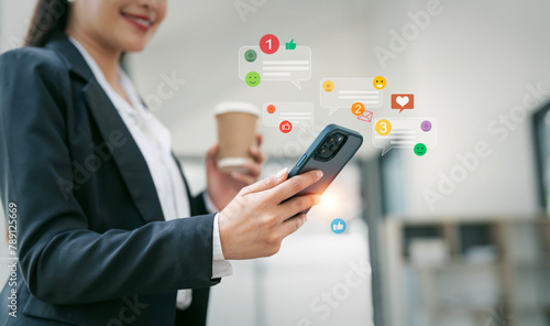 Concept of social media communication and digital online, businesswoman use smartphone playing with icon online social media