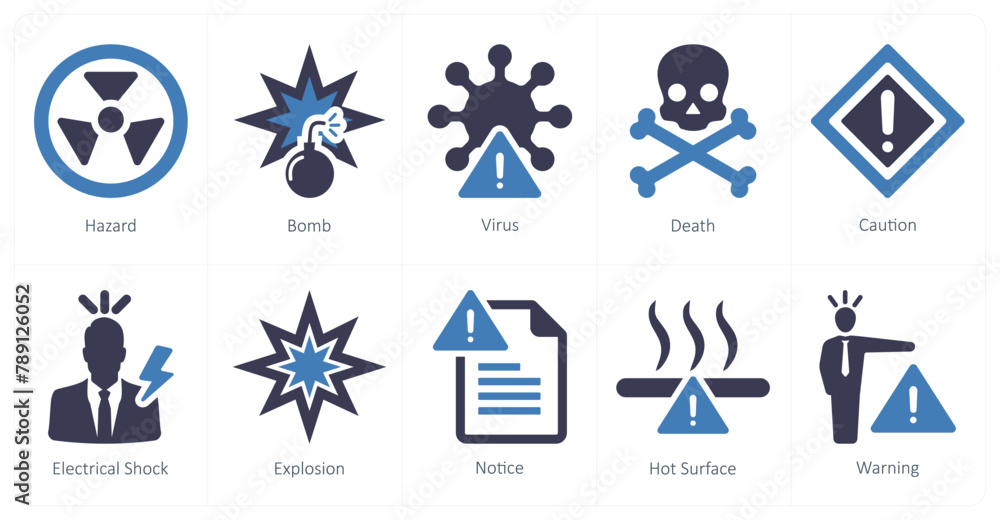 A set of 10 hazard danger icons as hazard, bomb, virus, death A set of 10 hazard danger icons as hazard, bomb, virus, death