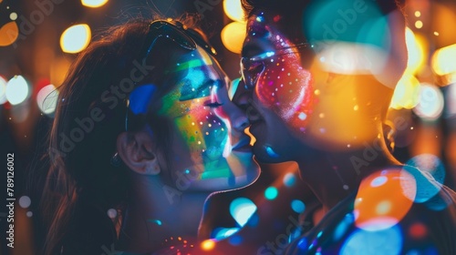 A colorful embrace: Gay couple with vibrant face paint in a romantic scene