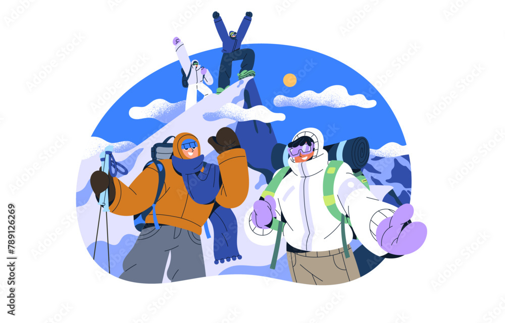 People with backpacks mountaineering, rejoice to success. Group climbing to the top of snow mountain. Happy tourists hiking to glacier in winter. Flat isolated vector illustration on white background People with backpacks mountaineering, rejoice to success. Group climbing to the top of snow mountain. Happy tourists hiking to glacier in winter. Flat isolated vector illustration on white background