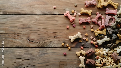 Dry dog food and treats chew bones on wooden floor flat lay : Generative AI photo