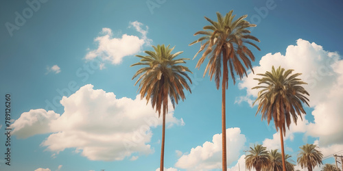 Palm trees on blue sky background, vintage style, banner.